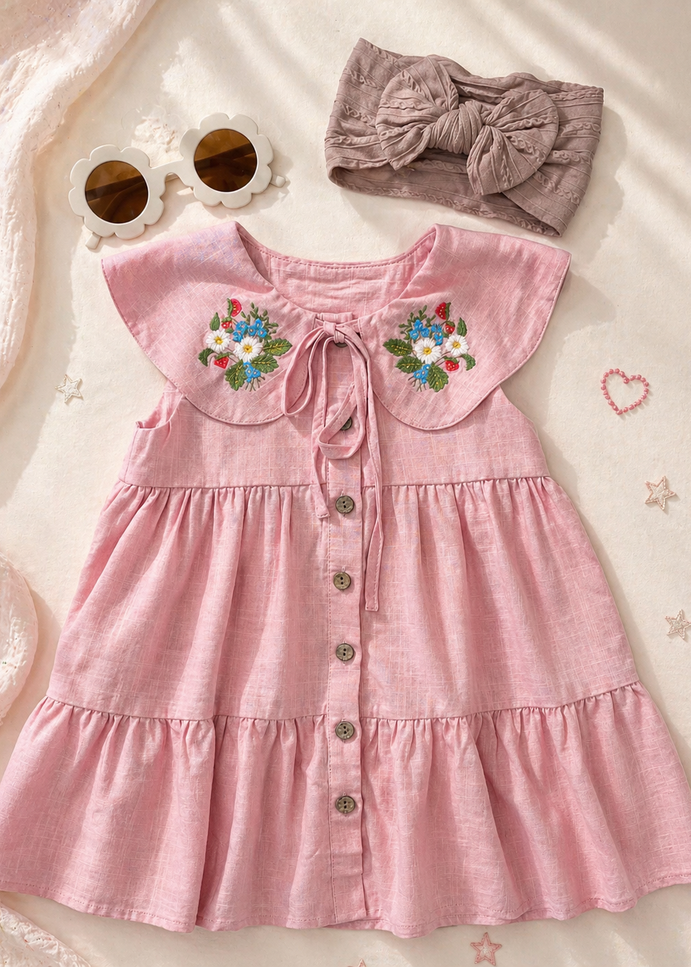 Pink Embroidered Collar Dress