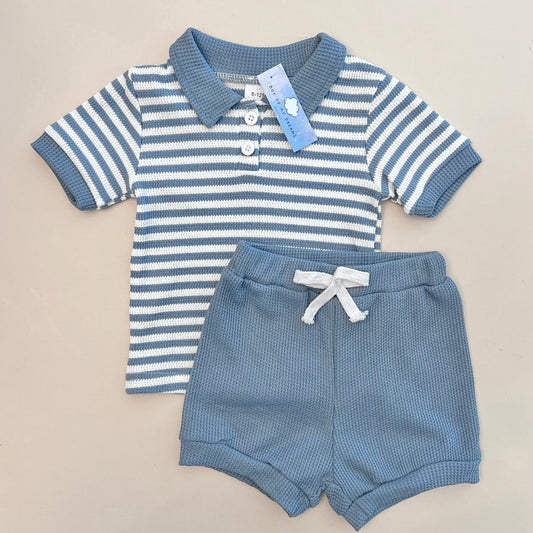 Steel Blue Striped Waffle Cotton Set
