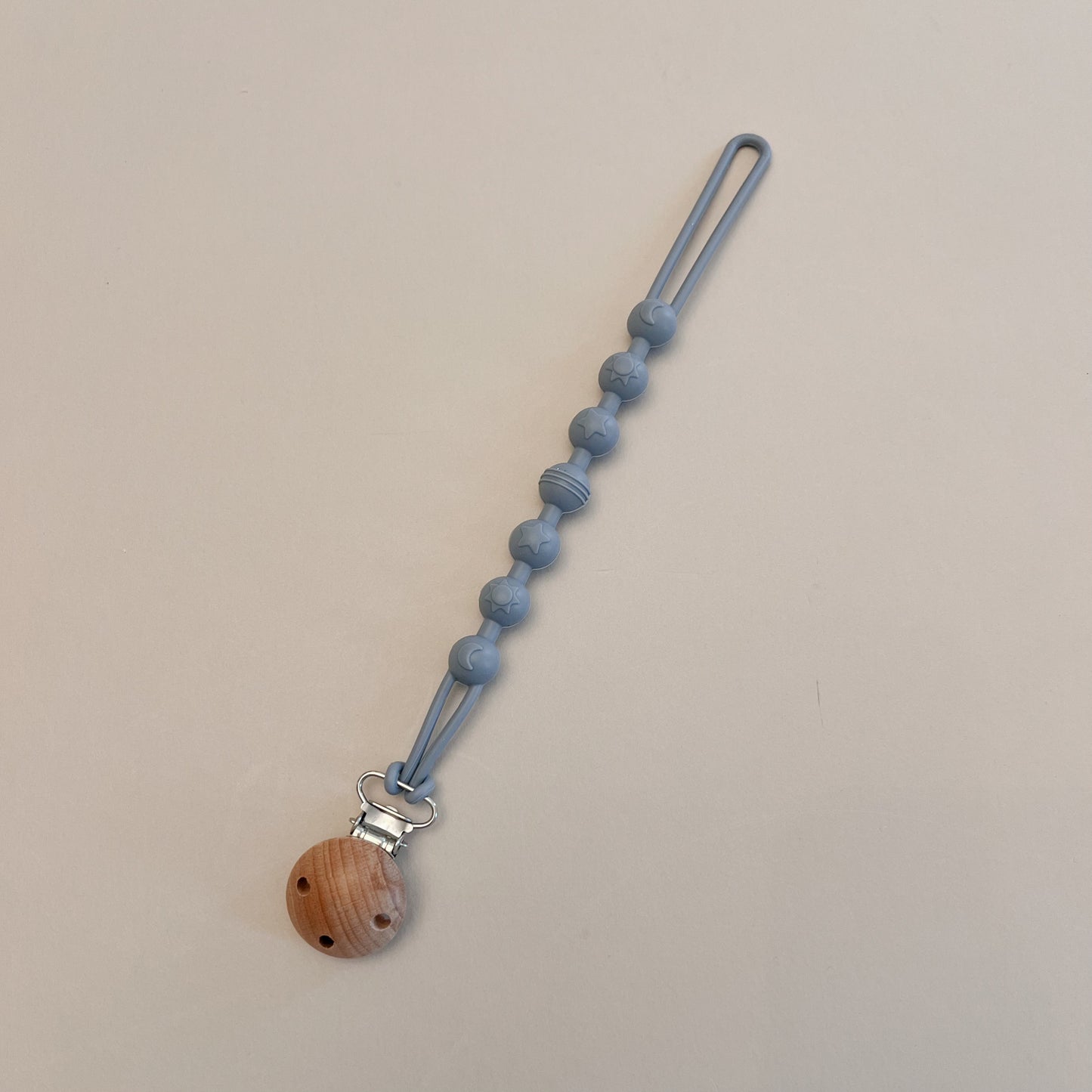 Stone Blue Sun, Moon & Star Pacifier Clip