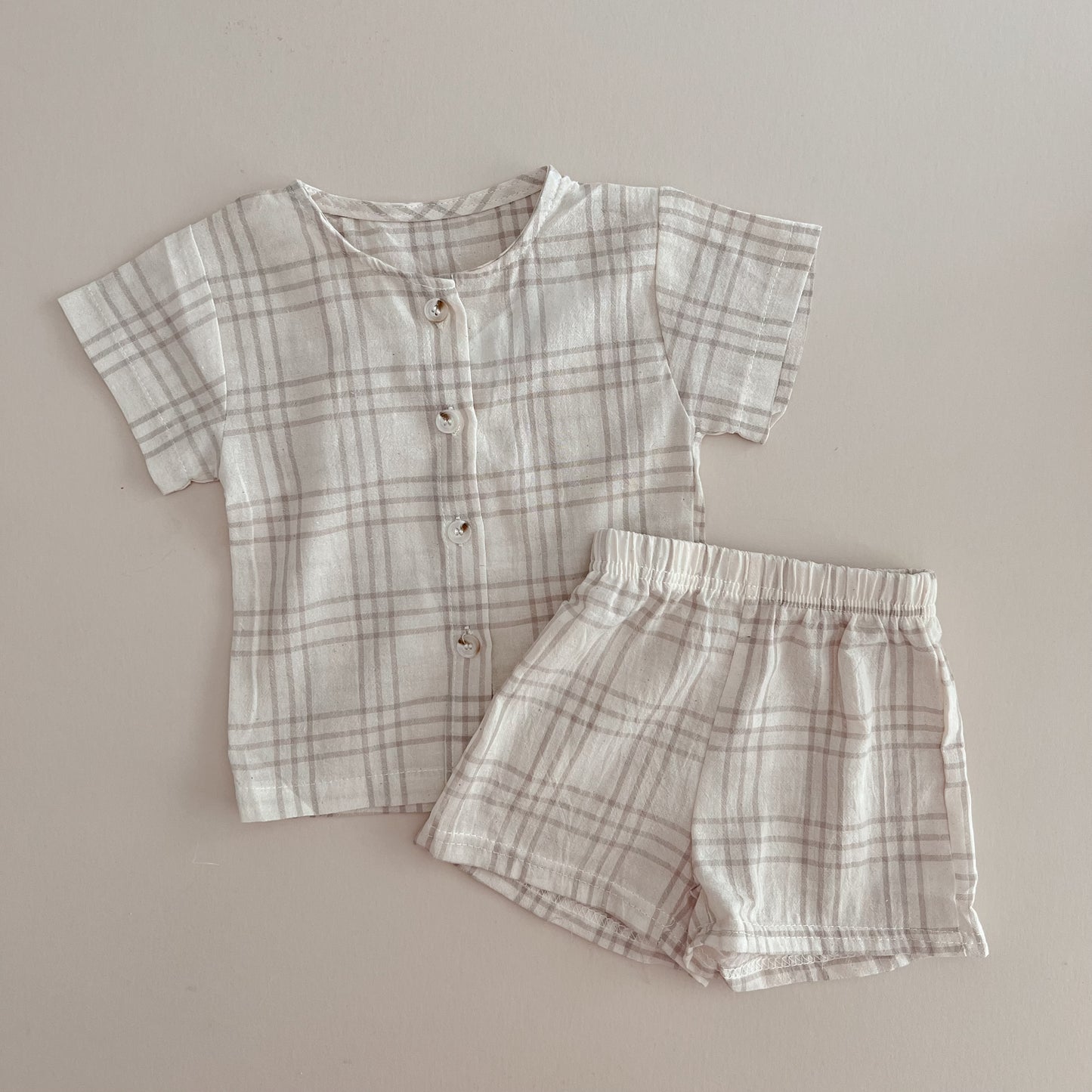 Beige Plaid Cotton Set