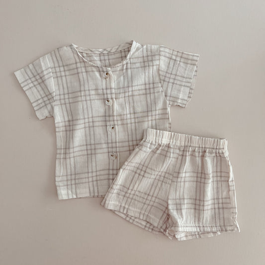 Beige Plaid Cotton Set