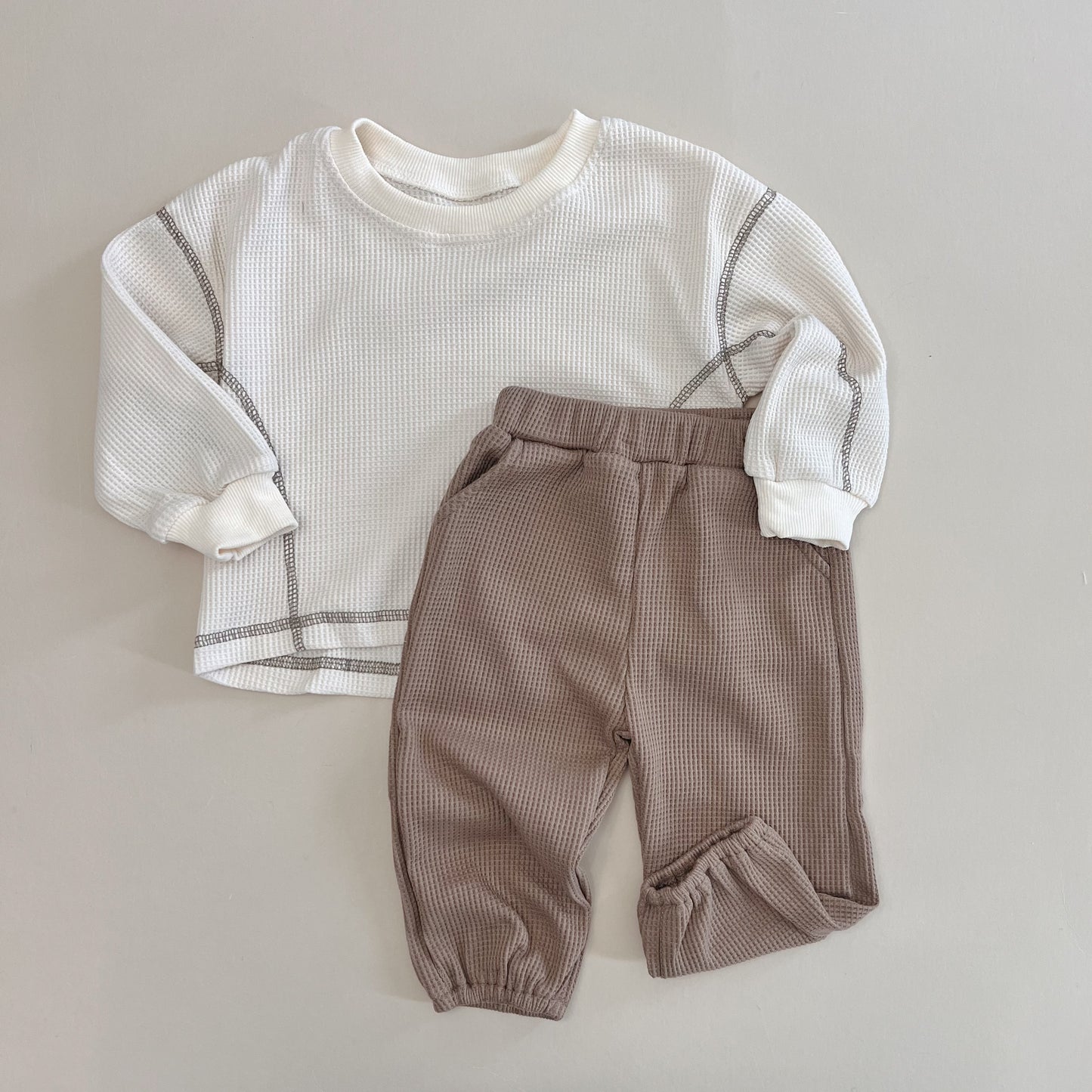 Beige Color Block Waffle Cotton Set