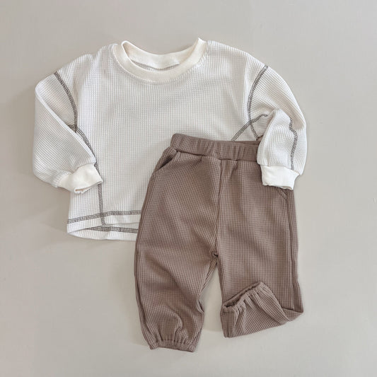 Beige Color Block Waffle Cotton Set