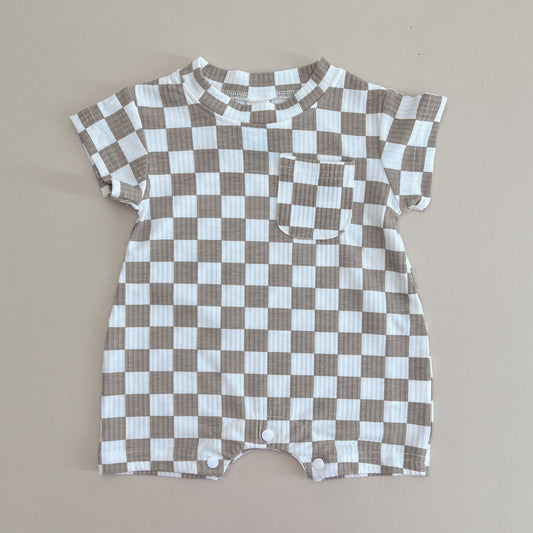 White & Taupe Checkered Romper