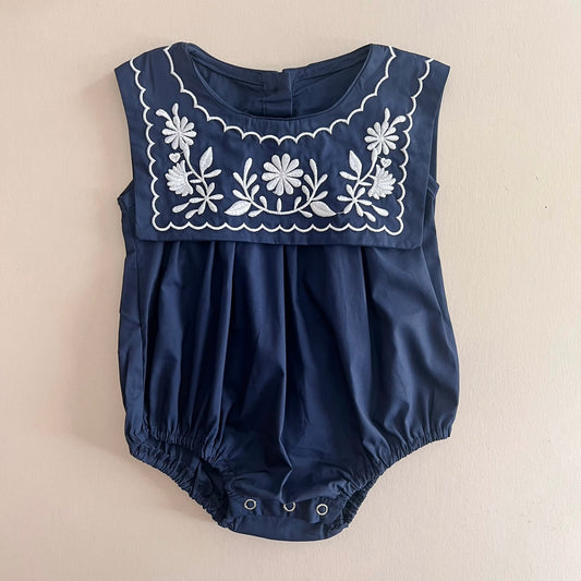 Navy Blue Embroidered Romper