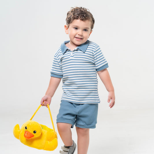 Steel Blue Striped Waffle Cotton Set